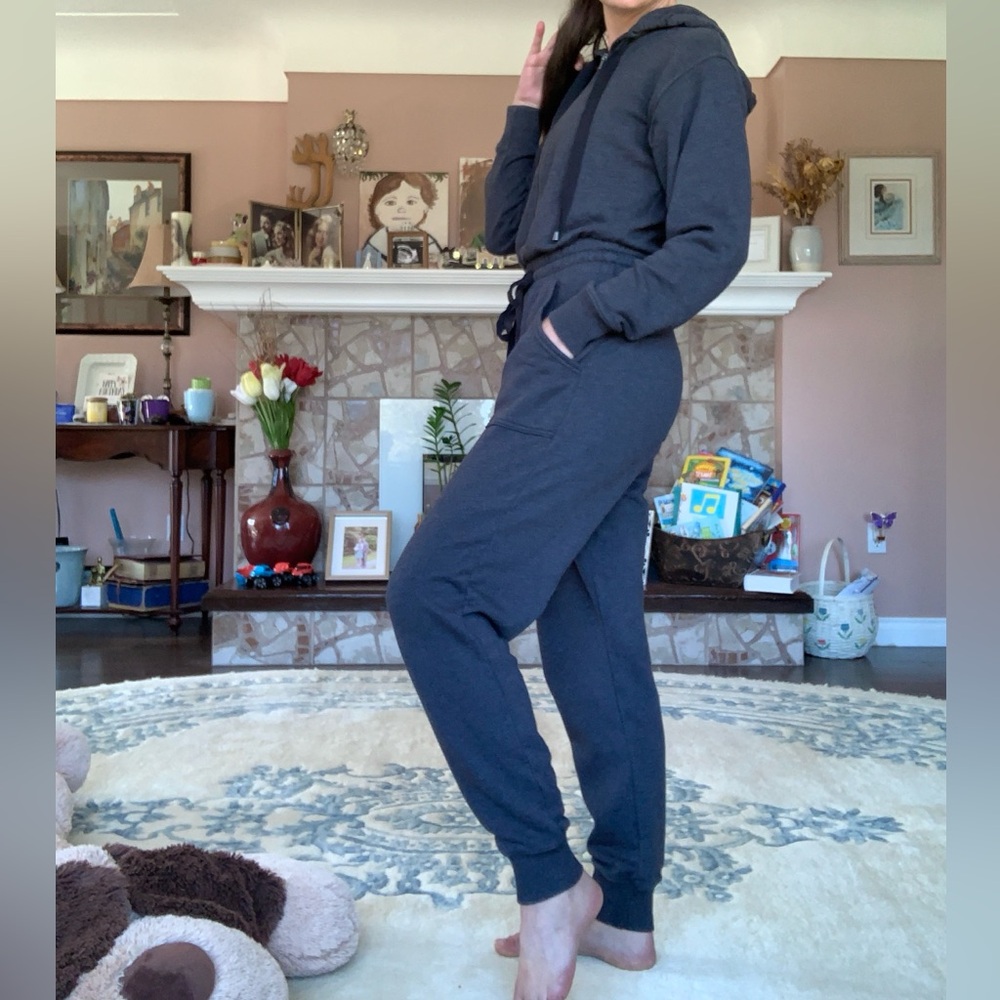 American Eagle Fleece Hoodie Jumpsuit in Deep Grey/Black